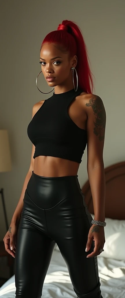 a woman in a black top and leggings posing for a picture, inverted body type, beautiful woman body, short flat hourglass slim figure, beautiful shape of face and body, big wide broad strong physique |, model standing pose, standing athletic pose, perfect symmetrica body shape, fit curvy physique, two piece workout tight clothes, woman body, hourglass slim figure