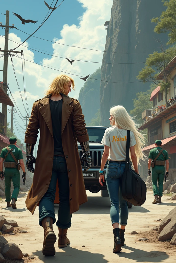 Masterpiece, Professional, High Definition - quality, sharp focus, perfect artwork, Best Illustration, trending on artstation, UHD, 4k, full body, NSFW " couple, 1man, 1girl, she blonde, blue eyes, long hair, wearing micro denim shorts and white BREAK bustier couple, 1man, 1girl, him hugging around the waist, tall and strong, short white hair, muscular, beard, Streetwear, cargo pants, necklace