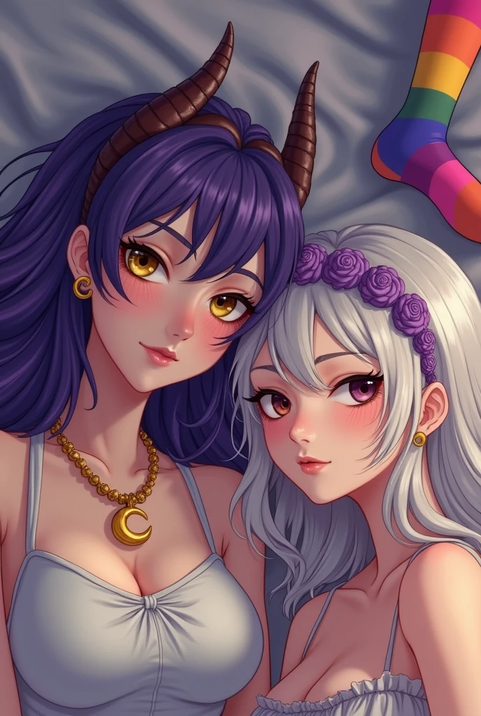 work of art, high quality 8k, neckleace, pantyrose,pantyrose pequena,long light purple hair,breasts showing,two females,fullmoon,lights, Perfect beauty,perfect skin,white,athlete body