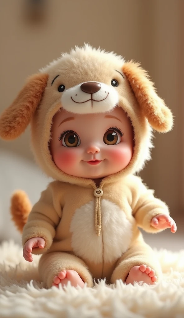 Full length portrait of a 2 year old child standing wearing a dog costume