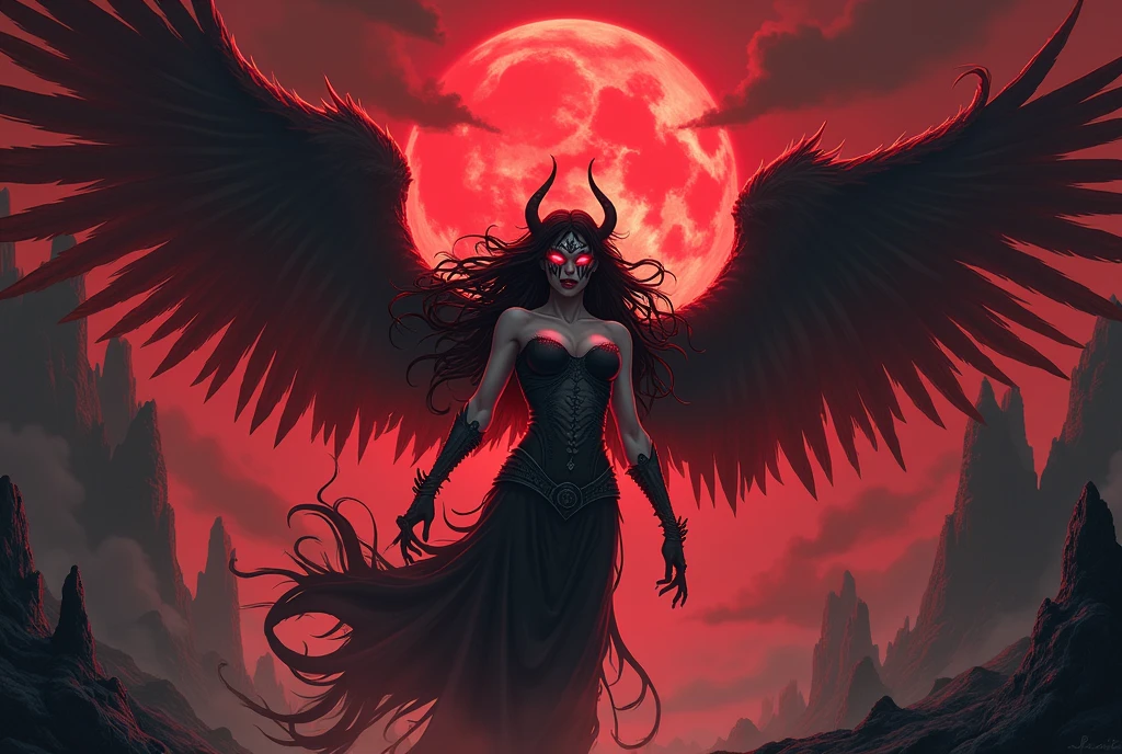 fantasy art, RPG art [[a picture of 2 women]], single1 female angel, wearing white dress, pale skin, beautiful face, blond hair, long hair wavy hair, blue eyes, high heeled boots, wearing a dress (Masterpiece, intricate details: 1.5), large angelic wings, white angelic wings spread [AND] a single1 female demon, red skin  demonic wings, black demonic wings spread, demonic horns, red skin, black hair, red eyes, beautiful face, wearing a dress (Masterpiece, intricate details: 1.5), high heels, in the border between heaven and hell, moon, stars, clouds, god rays, soft natural light silhouette, dynamic angle,  photorealism, panoramic view  Wide-Angle, Ultra-Wide angle, ultra best realistic, best details, 16k, [ultra detailed], masterpiece, best quality, (extremely detailed), photorealism, depth of field, hyper realistic painting
