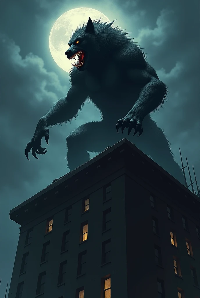 Big angry red eyed gorilla with an evil aura, on top of old houses facing a levitating man, at night
