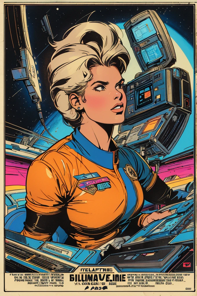 (((Top Quality Masterpiece ))),(((solo:1.2))),((( 1 woman :1.2))), 32K Highly Detailed Wallpaper , Retro Vintage Style ,(dynamic Angles),(((Overwhelming highlights))),((most complex machine)), American comics with a very flashy color scheme,80s space thriller movie poster confident face