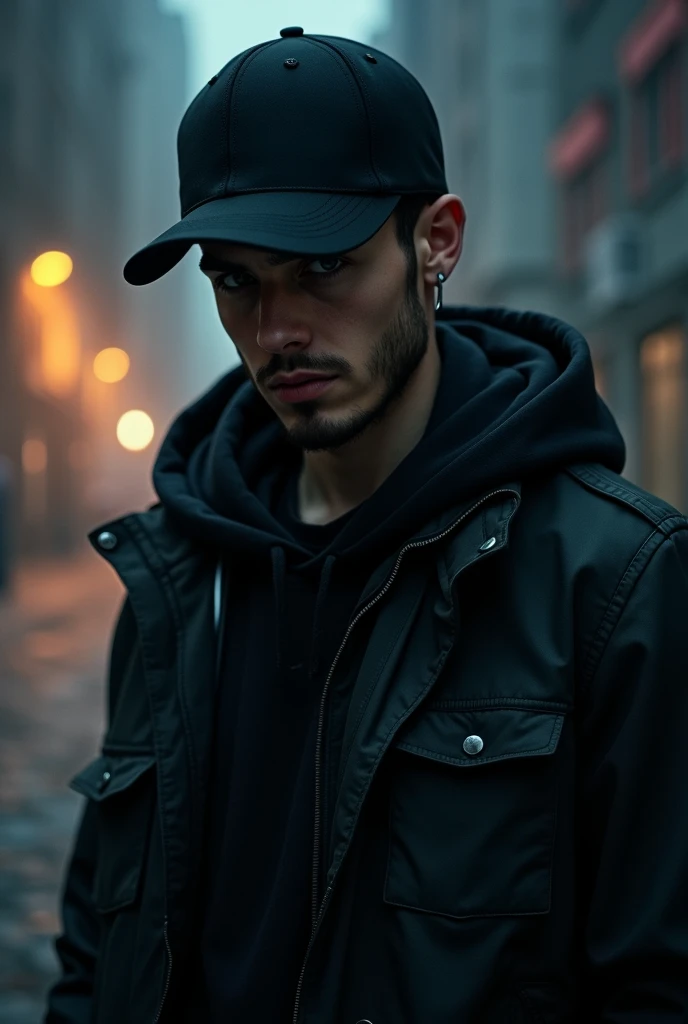 Mysterious young guy with nice jawline wearing a black cap and a dark jacket and a hoodie in the shoulders in the night 