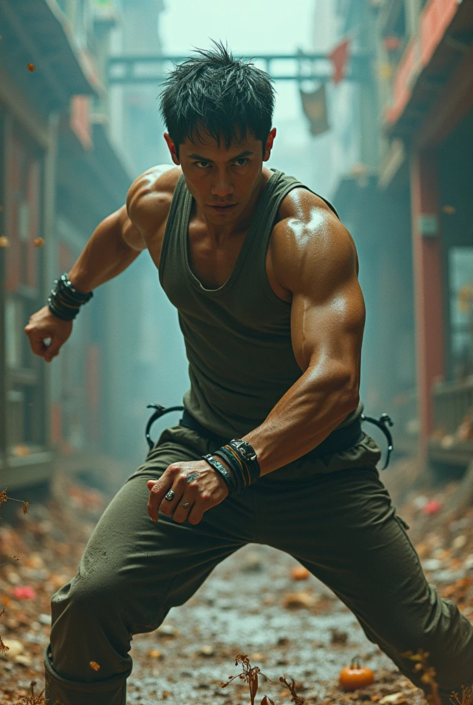 Teenage boy with logan style hair in fighting pose