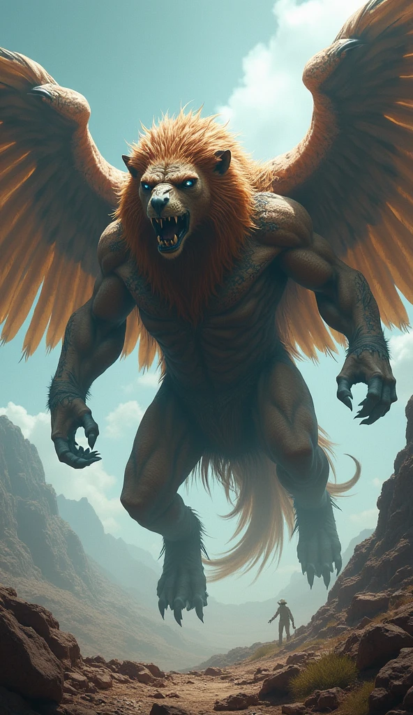 A creature with wolf head, long horns, muscular shredded human body with eagle wings , tiger claws and feet