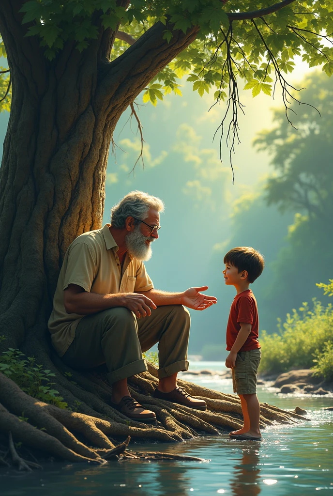 Young boy asking the question to old man in jungle