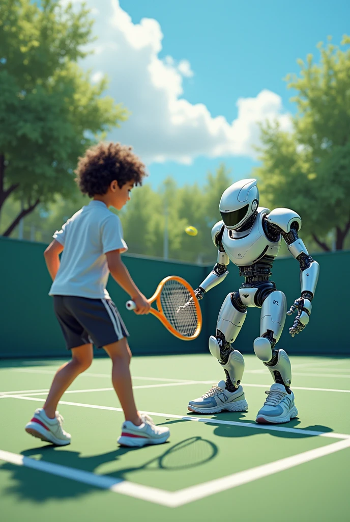 An man with robotic hands and sunset playing cricket and a boy is bowling