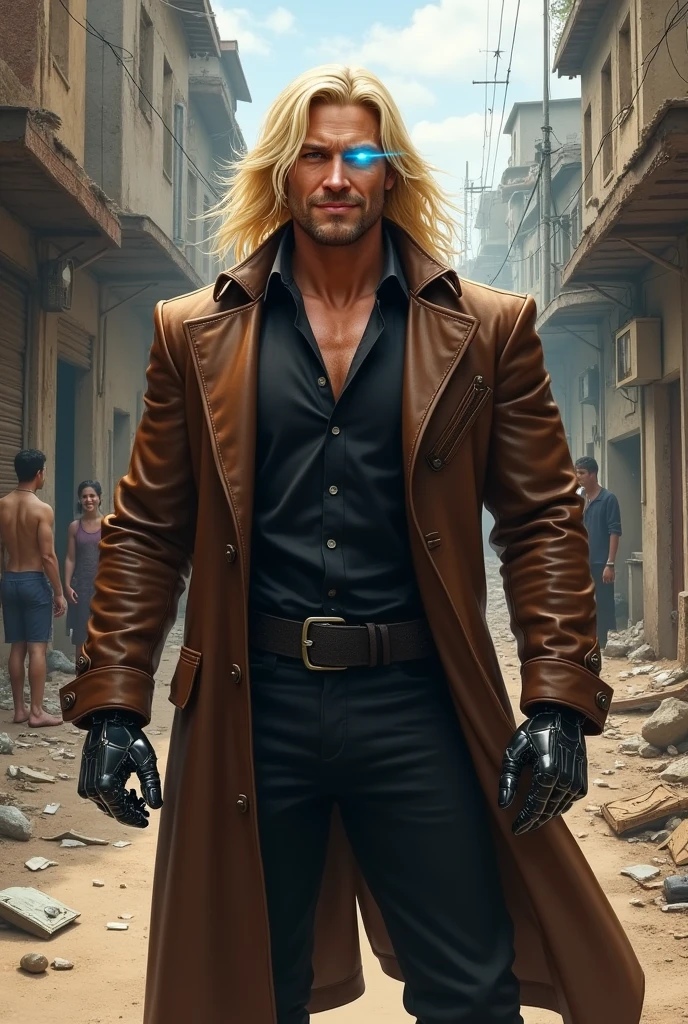 Generates an image of a French man with an annoyed and serious expression, tall with purple eyes, purple star earrings, Long fluffy blonde hair with a hairstyle similar to Johnny Joestar's but more noticeable and bigger. A long dark green jacket not buttoned, shirtless but with two black belts forming an X on his chest, a black cargo pants and dark red shoes, a black and white belt with a star in the middle. jojo's style.
