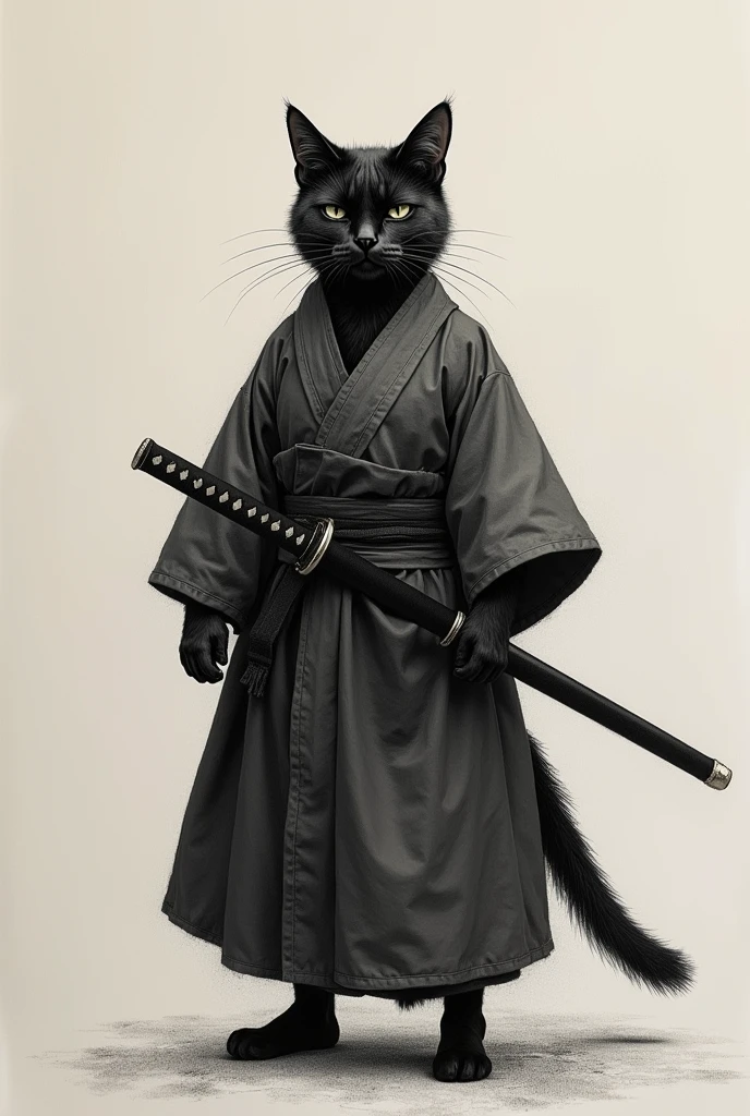 Bipedal black cat, Alone,   Simple dressing、 Japanese Samurai、  half closed eyes、  standing、 holding a sword around her waist、Picture drawn with charcoal 、 Photorealistic