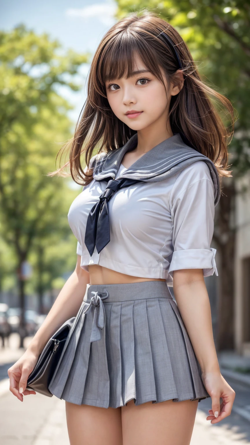Masterpiece , top quality, very detailed, kampala ,( realistic ,photo realistic :1.37),(cowboy shooting:1.2),(Thighs:1.4), excellent , beautiful Japanese woman , Serious High School Girl , But the Skirt Is So Short ,(middle),(Well-balanced:1.3),smile, very beautiful high school girl ,( School-Designated Bag :1.4),( wearing a sailor suit :1.4),(gray tie :1.4),( shirt with gray collar:1.4),( blazer),(Deep waistline),( Gray Ultra Short :1.4),( so delicate and beautiful),( blue sky,Beautiful tree-lined street background :1.4),(Beautiful tree-lined street background :1.2), Beautiful Glowing Natural Light Brown Hair , length hair, soft, length, hair blown in the wind , Beautiful Bangs, cute girl, cute type, baby face, Slightly round face, Big Natural Colored Lips , Big Beautiful Eyes , Natural Brown Eyes ,Obvious double, Small and cute nose , Brown Eyes , shining eye highlight , Focus on Characters , Tilt Her Head When the Screen Is Full ,The best light, Best Shadow , mysterious in another dimension , perfect face, very detailed,Mayoko's , anatomically accurate , , wearing an Eyepatch bikini,Plump Thighs, balanced body ,(大きい natural colored lips that express the roundness and softness of her ........ 1.1), beautiful body,Perfect Woman,clean,( standing with legs aligned :1.2)