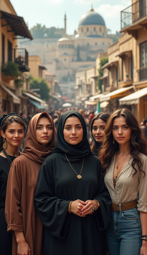 Six muslim cousins who are covered one of them uncovered with long curly brown hair flying to istanbul. A picture from behind