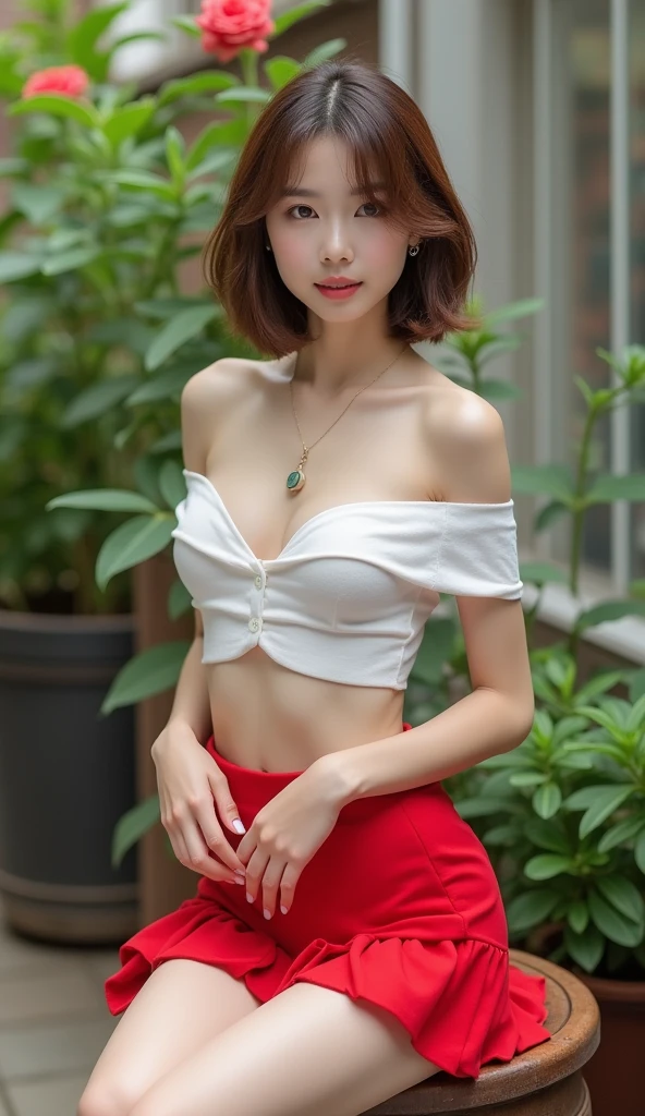 ((Day, Bright Indoors, Top Quality, 8K, Masterpiece: 1.3)), Toddler Figure, Petite, Short Sture, Single, Abs, Small Ass, Blonde Straight Hair, Small, Small Breasts, Small Breasts, Small Breasts), Shorts, Off Shoulder, White Studio, Ultra Detailed Face, Detailed Eyes, Back Double Eyelids, Navel, Piercings, Necklaces, Watches, Anklet, Smile, Orange Cheeks, Makeup, Laughing Hollow, White teeth, comic smile