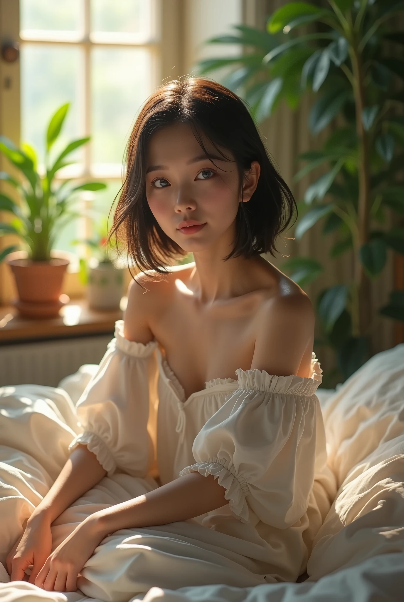 (photorealism:1.2),very beautiful woman, unreal beauty, sitting on bed, wearing loose off-shoulder top, pajama pants, short straight hair, , soft lighting, plants in background, window with sunlight, cozy room, relaxed pose, realistic, intricate details, cool colors,Asian beauty, ocean blue eyes color. No makeup, very pretty, sexy 