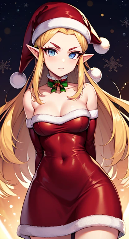 ((sit on floor alongside christmas tree without underwear)) ((tall beautiful female elf santa claus helper)) ((Perfect Big bright blue eyes)), ((elf ears)) ((dark eyeshadows make up)) ((bright red lipstick)), ((happy smile)) ((very long platinum blonde hair with bangs covering one eye)) ((huge beauty shape breasts:1.6)) ((perfect slender body:1.3)) ((wears red strappless christmas dress short skirt, gloves and long socks)) ((choker, christmas hat)) ((sexy pose)) ((inside photo studio with lights reflectors on her)) ((christmas decoration, many gift box on display)), ((high definition:1.5), ((amazing lights and shadows)) ((masterpiece:1.5))((8k:1.5)) ((Best quality:1.4))