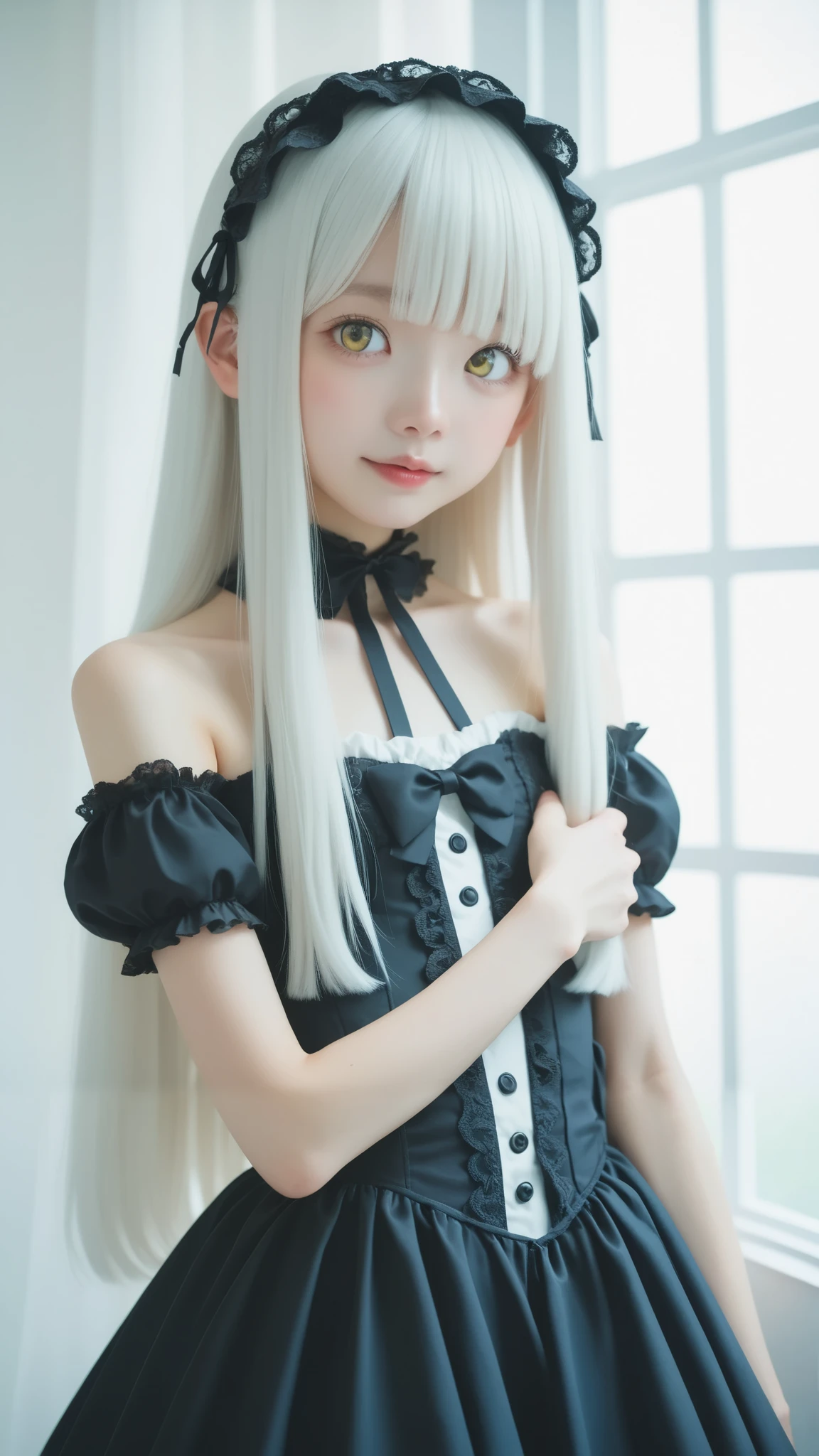 gothic lolita cosplay, cute girl,masterpiece, ((  long hair )),  long white hair ,  very long straight hair, Short bangs, アルビノの white skin, Pale yellow eyes , Narrow shoulders,  white skin,Thin arms, skinny