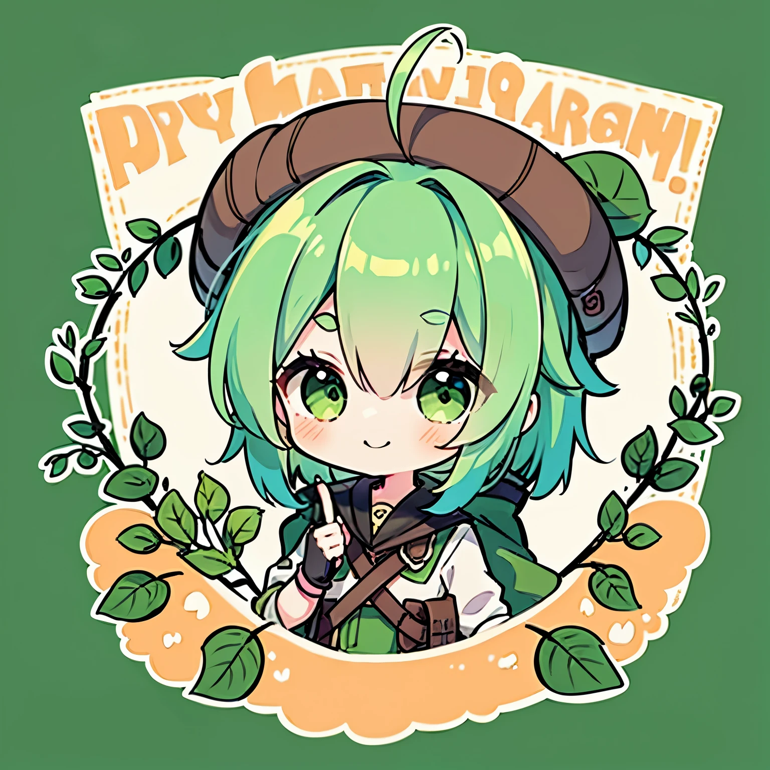 (boy), Dryad, green ivy hair, green eyes, short cut, side part, ahoge, hair over one eye, thin eyebrows, smiling, young, alone, short, Shota, overall, coat, long boots, plant hair accessory, wide pants, harness, fingerless glove, belt, Solo, upper body, chibi chara
