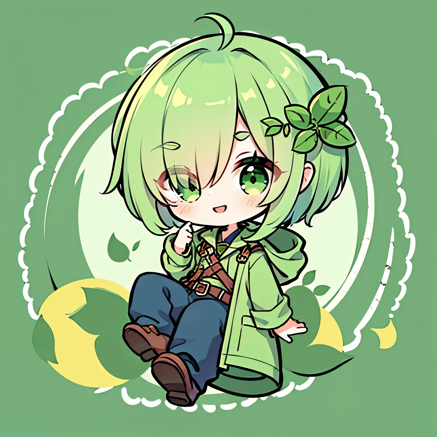 (boy), Dryad, green ivy hair, green eyes, short cut, side part, ahoge, hair over one eye, thin eyebrows, smiling, young, alone, short, Shota, overall, coat, long boots, plant hair accessory, wide pants, harness, fingerless glove, belt, Solo, chibi chara
