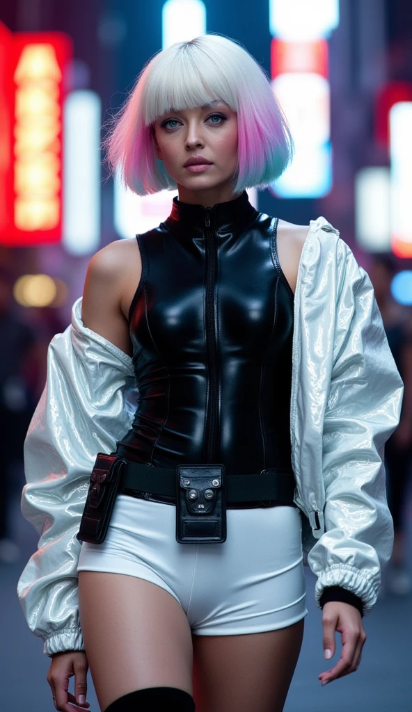 A stunning, ultra-high-definition (UHD), photorealistic, portrait, 1Ashgirl,white pale skin, pale white skin, complexion  **"Ultra high resolution, UHD, ultra-detailed, hyper-realistic skin texture, high-quality rendering, photorealistic portrait of a girl named Lucy, inspired by the character Lucy from Cyberpunk: Edgerunners. She has a choppy, asymmetrical bob haircut with soft layers. The pure white base features pastel highlights in pink, blue, and hints of green near the ends, blending into a subtle gradient. The right side of her hair is longer, reaching past her shoulder, while the left side is shorter, ending just below her jawline. Wispy, side-swept bangs frame her face, giving her a sleek yet slightly tousled, futuristic aesthetic. Lucy is dressed in a high-neck, sleeveless black leotard made of glossy, high-tech synthetic material with a leather-like texture, hugging her form for a modern, edgy vibe. She pairs this with a metallic white jacket and matching white shorts, both crafted from shiny, reflective fabric. Her utility belt, made of matte black material with small, rectangular pouches, adds a rugged, practical touch, walking on the streets of night city, cyberpunk, neon lights, signs ,Completing the outfit are glossy black thigh-high boots that extend to her mid-thigh, seamlessly blending with the shorts to create a sleek, continuous silhouette. The overall look is bold, futuristic, and undeniably stylish."**