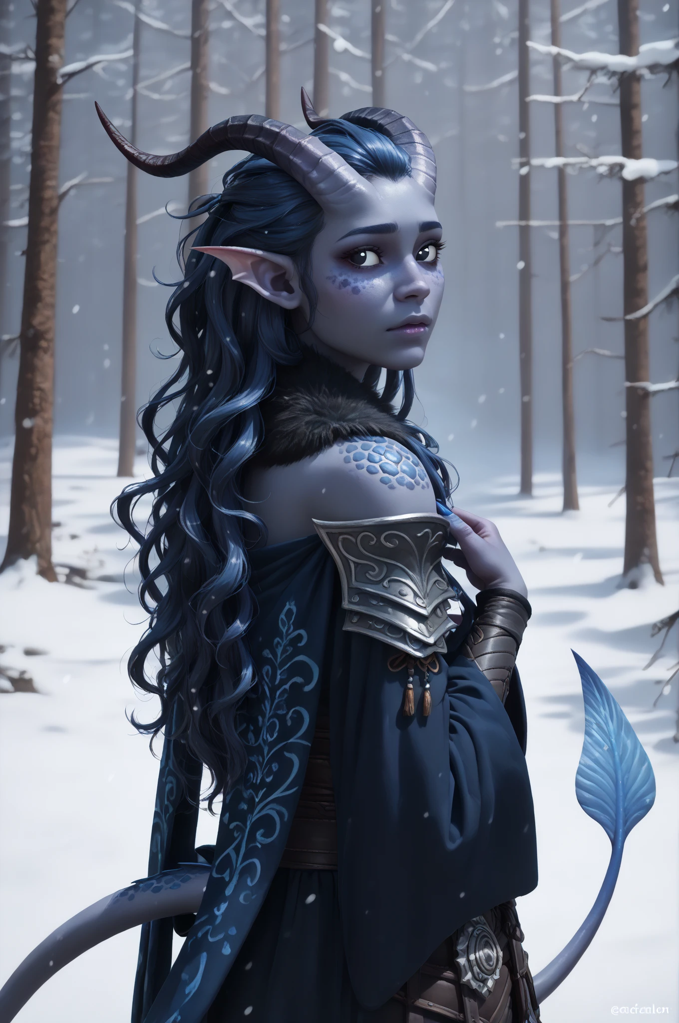 ( Snowy sprawling cedar ,  the winter cedar forest against the background of ), (1Тiefling ,  dark blue-gray skin :1.5), ( very thick long tiefling dragon tail :1.5), (long black flowing hair with dark blue tips:1.4), ( the bright blue-black pigmentation on the face :1.5), (blue-black freckles :1.2) , ( 2little fins on their heads :1.4), (bright blue-grey pupils,  Black eyes :1.4), ( blue-black pigmentation on the skin :1.5), ( dark grey straight short horns ), ( blue and black pigmentation on the tail :1.5),  girl  , (kind face), (на лице эмоции от нестерпимого coldа), (in pain ), (coldно:1.2), [curiosity ], (35 years old:1.5), (adult:1.2), (Deep look:1.3), (запорошена в  snow у:1.2) , (покрыта  snow ом), (ежится от coldа:1.1) , ( frost on eyelashes :1.1), ( fur collar armor), (белый  snow  на голове:1.2), ( fur armor ), ( snow  на рогах и на голове:1.2), (chainmail), (you can see pigmentation on his shoulder ), (tail protection), (hands pressed to chest:1.3), (трясётся от coldа:1.1), [ snowy winter ], (visible in full), ( stands in the middle of the deep winter forest :1.3), (очень coldно), (blizzard,  snow , cold) , ( is standing with your back:1.2), (looking over shoulder:1.6), ( top quality ), ( masterpiece fails), ( highest detail),  fantasy background, blue tones, Dark tones, dark shades,  muted colors, [winter light ].