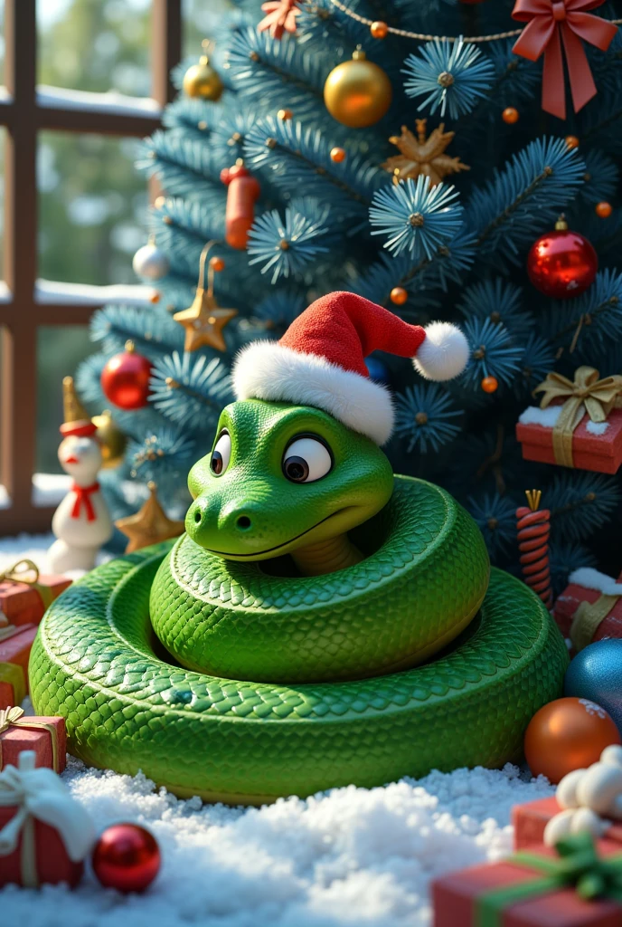 ((photo,maximum quality ,  high detail ,realism,16k render ))  a big cheerful green snake in a Christmas ( curled up under a decorated New Year's blue-silver fir tree( Christmas tree is decorated with garlands and balloons with Christmas toys ),Christmas card style ( at the top, the inscription  " happy new year 2025 !")((Christmas card style ( at the top, the inscription  " happy new year 2025 !"))), realistic snake scales ,kind funny look , New Year card, incredible quality 