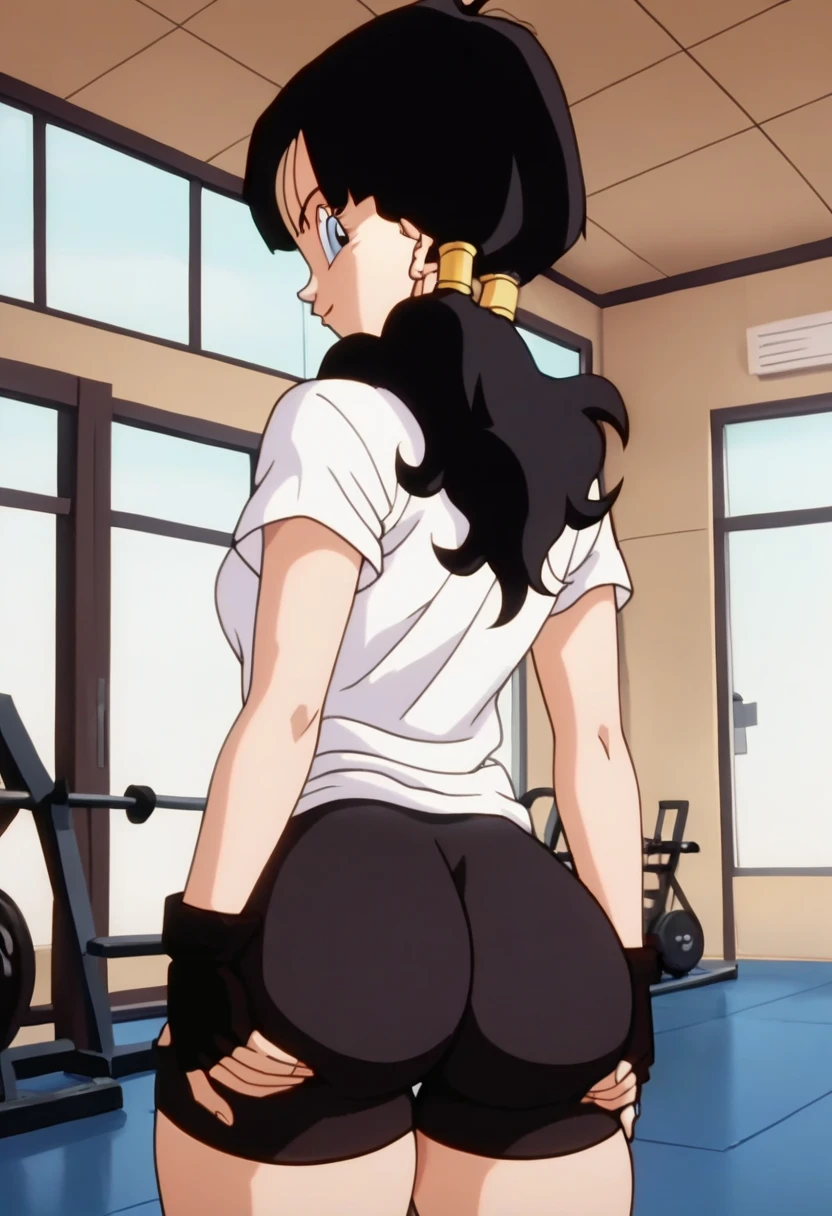 source_anime, score_9, score_8_up, score_7_up, anime screencap,
videldbz, 1girl, solo, looking at viewer, long hair, blue eyes, black hair, ponytails, ass, (((ass grab))), thick thighs, white shirt, gym, fingerless gloves, black shorts