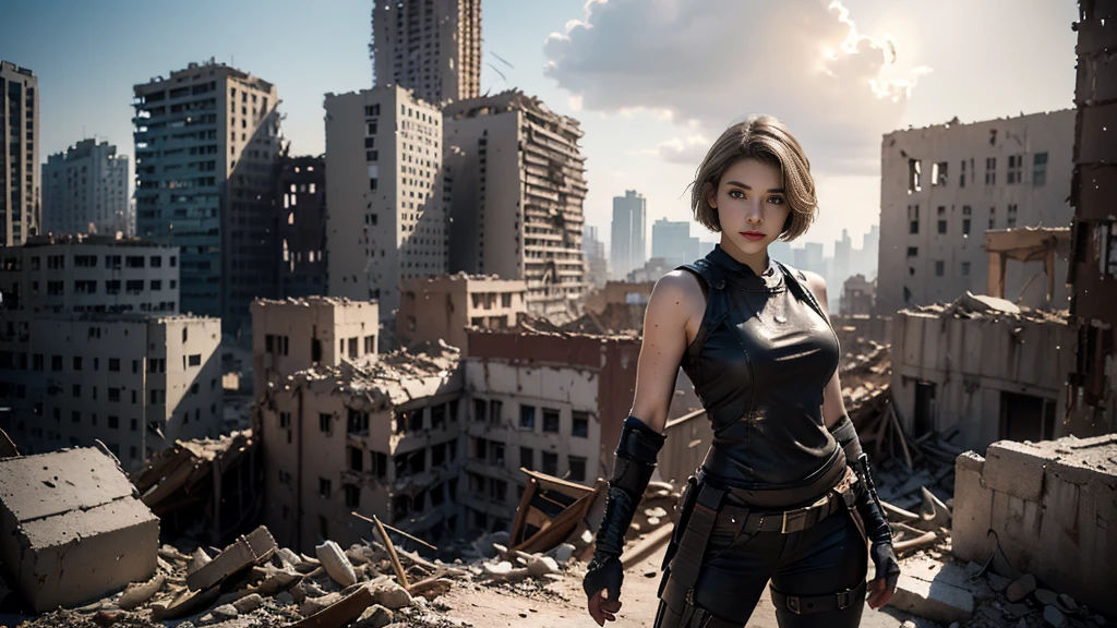 masterpiece,  high-resolution ,8K,( Portrait Photos:1.5),(R Original Photo),Reality,Digital Photography,(Ruins of the Apocalypse  ),City ruins，20 year old pretty female ，Short hair，Shut up，  post-apocalyptic scene ， Upper body photography ，Damaged Armor，Full figure