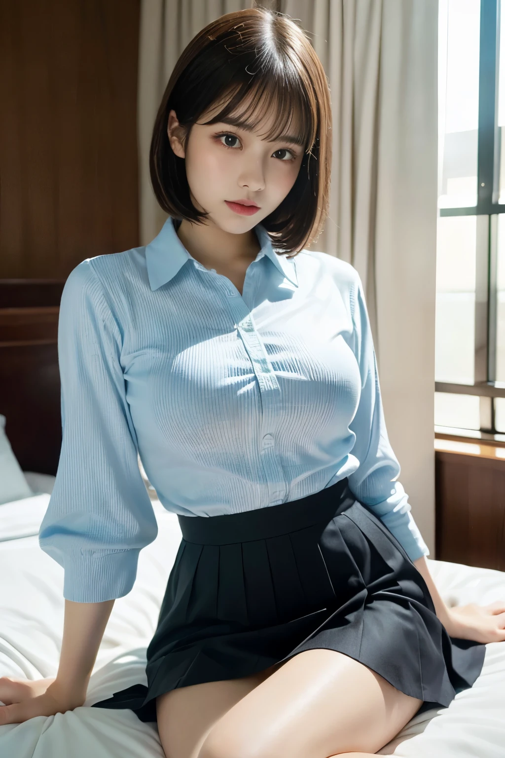8k, Raw photo, highest quality, masterpiece:1.2), masterpiece, highest quality, figure, Very detailed, Fine details, High resolution, 8k,wallpaper, Perfect dynamic composition,(Detailed high quality, Realistic depiction of eyes:1.3)、A woman who has been  and has her hands tied、Arms wrapped around his back, hands tie behind bacｋ, Put duct tape over your mouth、Inside a beautiful hotel room at night、Sitting on the bed、Outside the window is a night view、 With legs wide open、White panties are visible、Tartan plaid pleated skirt、whole body、The whole thing faces forward、２１talent、Beauty、Well-formed face、Make your eyes even、Beautiful black hair、Has bangedium build、Well-balanced proportions、Beautiful legs、Blue Short Sleeve Blouse、Fresh face、Beautiful scenery、
