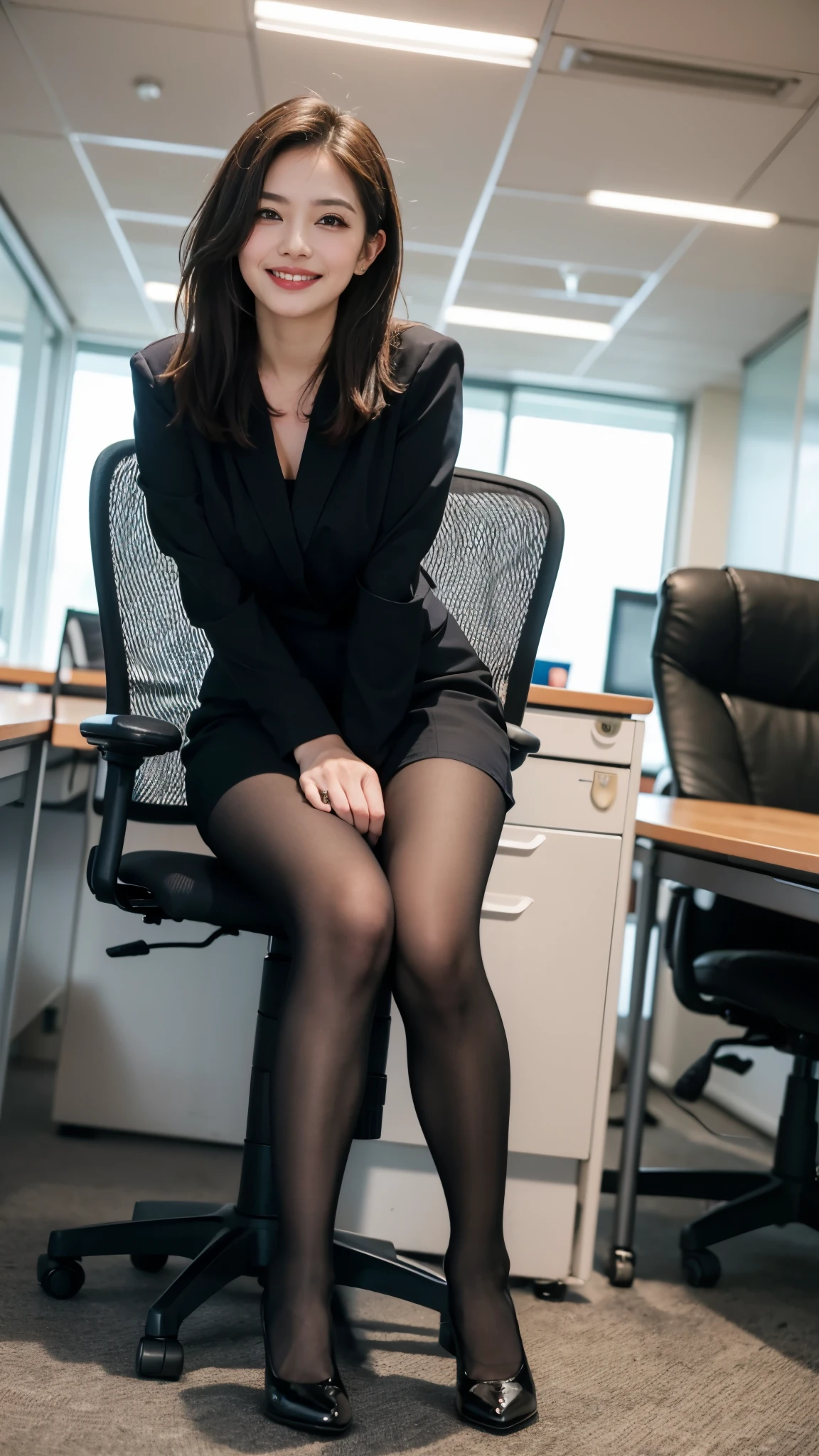 Exquisite makeup cold beauty,　Accurately express facial details and skin texture,(The most beautiful face and eyes),２６Old woman、 full-body shot、The face is chubby，Wide chin，Delicate skin,Looking at the camera、Smile、Beautiful teeth、Business suit、((Sitting in an office chair:1.3))、(Flesh-colored pantyhose:1.2), (Pump)、、 indoor, ,background is office
