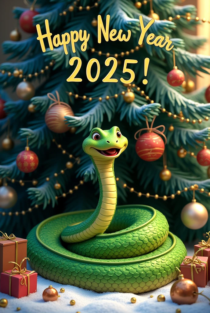 ((photo,maximum quality ,  high detail ,realism,16k render ))  a big cheerful green snake in a Christmas ( curled up under a decorated New Year's blue-silver fir tree( Christmas tree is decorated with garlands and balloons with Christmas toys ),Christmas card style ( at the top, the inscription  " happy new year 2025 !")((Christmas card style ( at the top, the inscription  " happy new year 2025 !"))), realistic snake scales ,kind funny look , New Year card, incredible quality 