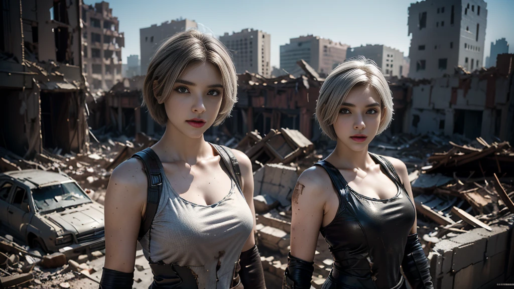 masterpiece,  high-resolution ,8K,( Portrait Photos:1.5),(R Original Photo),Reality,Digital Photography,(Ruins of the Apocalypse  ),City ruins，20 year old pretty female ，Short hair，Shut up，  post-apocalyptic scene ， Upper body photography ，Damaged Armor，Full figure