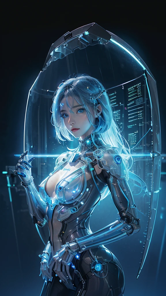 complex 3d render ultra detailed of a beautiful porcelain profile girl android face, angel, robotic parts, 150 mm, beautiful studio soft light, rim light, vibrant details, luxurious cyberpunk, lace, ((glowing blue eyes:1.5)), hyperrealistic, anatomical, facial muscles, cable electric wires, microchip, elegant, beautiful background, octane render, H. R. Giger style, 8k, best quality, masterpiece, illustration, an extremely delicate and beautiful, extremely detailed ,CG ,unity ,wallpaper, (realistic, photo-realistic:1.37),Amazing, finely detail, masterpiece,best quality,official art, extremely detailed CG unity 8k wallpaper, absurdres, incredibly absurdres, robot, silver halmet, full body
