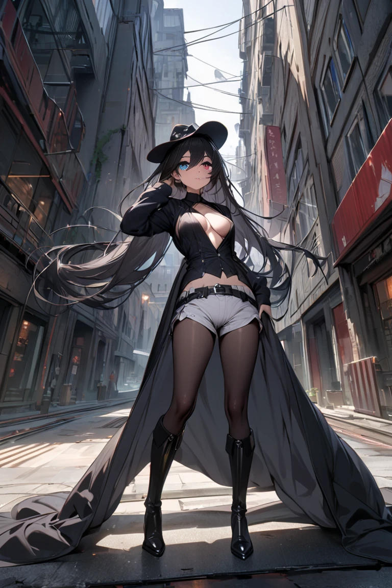 Amidst the bustling boulevard, a full-grown android with a realistic alien-o-bot appearance takes a seat at the table of a street bar. Dressed in a black jacket that shines under the neon lights, a wide-brimmed black hat casting an alluring shadow over her face, black shorts, and boots that complete her monochrome ensemble, she exudes an air of mystery and intrigue. Her tanned, smooth skin is meticulously detailed, every pore and line accentuated, a testament to the artist's mastery of hyperrealism. Covered in a riot of colors, her whole body is canvassed with elaborate tattoos that dance