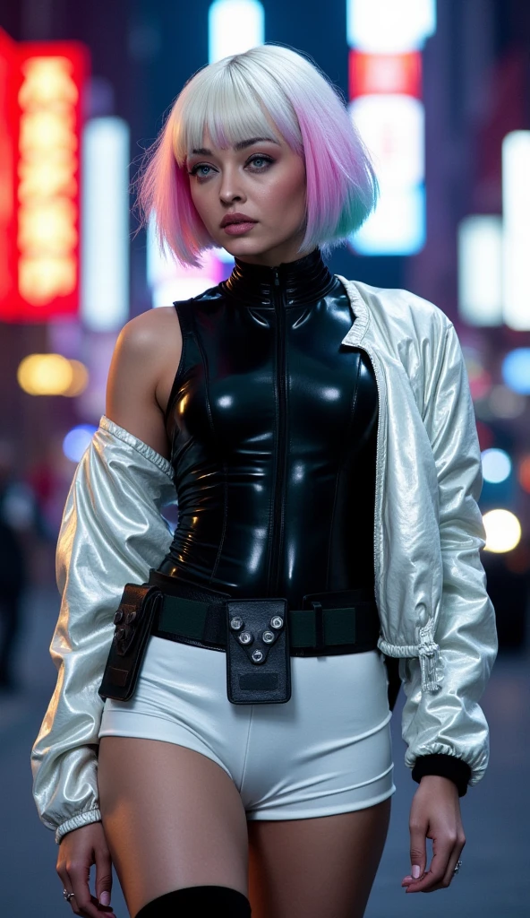 A stunning, ultra-high-definition (UHD), photorealistic, portrait, 1Ashgirl,white pale skin, pale white skin, complexion  **"Ultra high resolution, UHD, ultra-detailed, hyper-realistic skin texture, high-quality rendering, photorealistic portrait of a girl named Lucy, inspired by the character Lucy from Cyberpunk: Edgerunners. She has a choppy, asymmetrical bob haircut with soft layers. The pure white base features pastel highlights in pink, blue, and hints of green near the ends, blending into a subtle gradient. The right side of her hair is longer, reaching past her shoulder, while the left side is shorter, ending just below her jawline. Wispy, side-swept bangs frame her face, giving her a sleek yet slightly tousled, futuristic aesthetic. Lucy is dressed in a high-neck, sleeveless black leotard made of glossy, high-tech synthetic material with a leather-like texture, hugging her form for a modern, edgy vibe. She pairs this with a metallic white jacket and matching white shorts, both crafted from shiny, reflective fabric. Her utility belt, made of matte black material with small, rectangular pouches, adds a rugged, practical touch, walking on the streets of night city, cyberpunk, neon lights, signs ,Completing the outfit are glossy black thigh-high boots that extend to her mid-thigh, seamlessly blending with the shorts to create a sleek, continuous silhouette. The overall look is bold, futuristic, and undeniably stylish."** riding a motorbike 