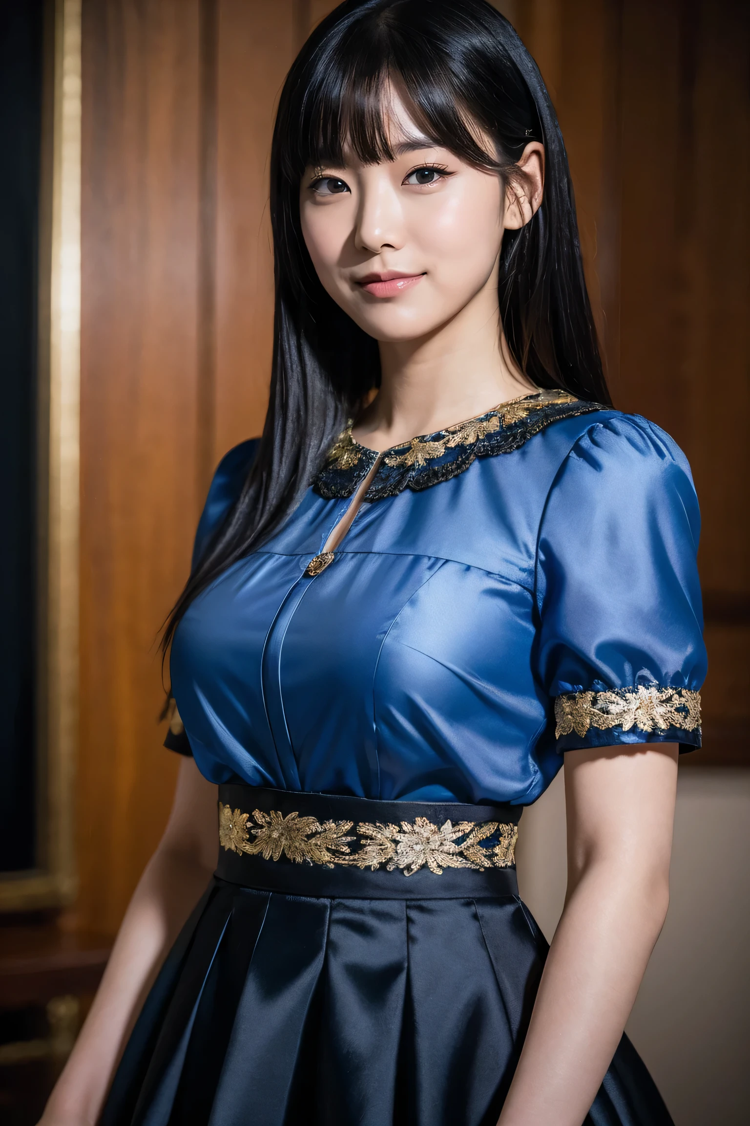 Alone,1girl,black hair,black eyes, medium display, Mid Shot, Depth of Written Boundary, Bust, upper body, movie angles, masterpiece, top quality , very detailed, CG, 8k wallpaper, beautiful faces, Delicate eyes, Otome, Alone, smile, bangs, skirt, shirt, has , cobalt blue dress with gold trim,
