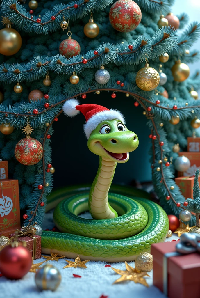 ((photo,maximum quality ,  high detail ,realism,16k render ))  a big cheerful green snake in a Christmas ( curled up under a decorated New Year's blue-silver fir tree( Christmas tree is decorated with garlands and balloons with Christmas toys ),Christmas card style ( at the top, the inscription  " happy new year 2025 !")((Christmas card style ( at the top, the inscription  " happy new year 2025 !"))), realistic snake scales ,kind funny look , New Year card, incredible quality 