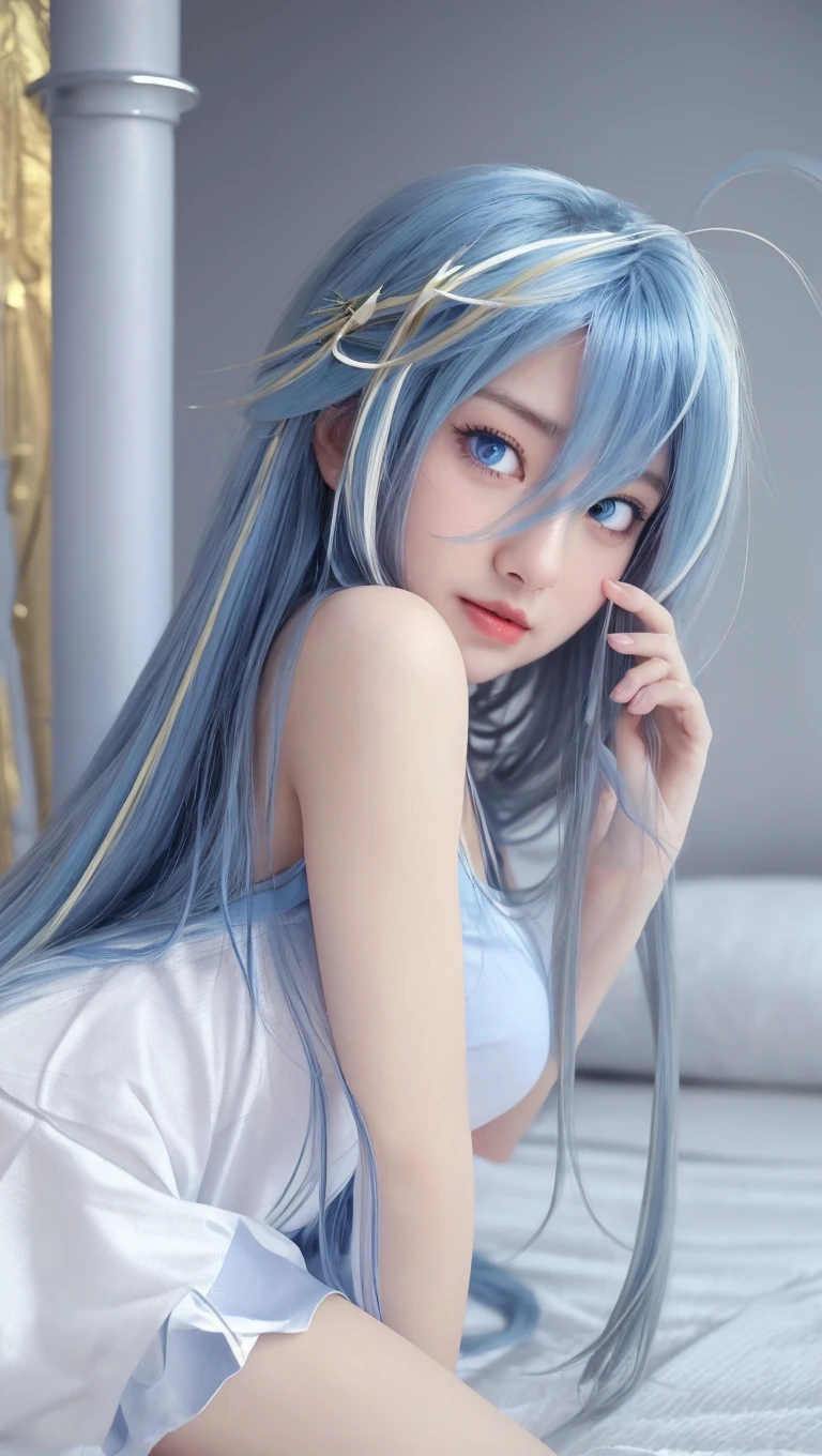 Best image quality, ultra high resolution, (real photo: 1.4), Japan person, 18 years old, seen from the front, sky blue hair, long hair, blue eyes, (thin body), pale skin like android, smile, cute, small breasts, bend both knees, hold the knees with hands, legs aligned, white panties visible under the dress, ((crotch)), short skirt, thin legs, white high heels, light makeup, white cloak, Black string tie, sky blue dress, princess line, small teardrop earrings, on bed, five fingers, two legs