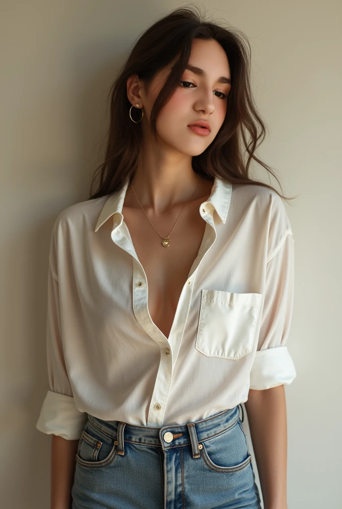 ((Realistic lighting, Best quality, 8K, Masterpiece: 1.3)), Clear focus: 1.2, 2girl, Perfect Figure: 1.4, Slim Abs: 1.1, ((Dark brown hair)), (see through shirt in black and tight jean: 1.4), , , Super fine face, Fine eyes, Double eyelids, woman sittingposing for the camera in a sunny modern living room a portrait inspired by Gina Pellón, instagram, tachisme, violet myers, lorena avarez, olivia culpo, alanis guillen, looks like laura barriales, portrait sophie mudd, tanned ameera al taweel, beautiful mexican woman
