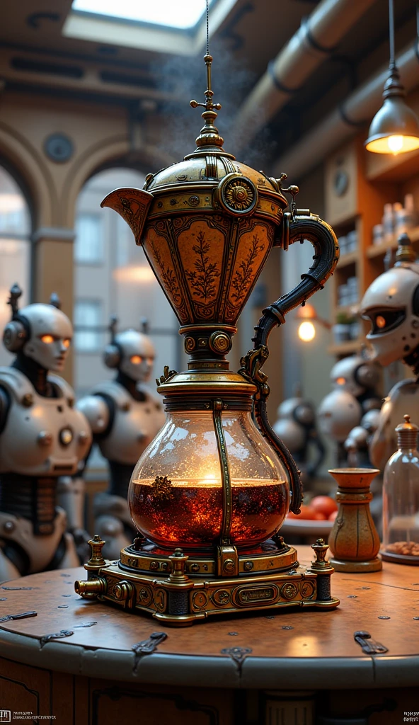 (streampunk illustration:1)A stunningly beautiful pourover dripper with fancy kettle glass steampunk style, coffee shop restaurant witht robot employees, context with barista industrial equipment