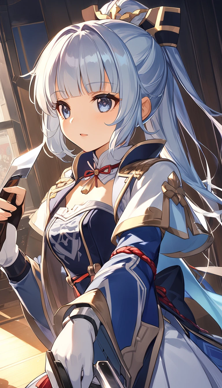 Close up of a person holding a knife in a room, Ayaka from Genshin Impact , From the Azur Lane game,  AYAKA GAME Genshin Impact ,  Azur Lane Style ,  Kantai Collection Style, Macross Frontier, Kantai Collection Arcade, Hajime Yatate,  Details.   girls frontline , from   girls frontline ,  Official Artwork , Nightcore