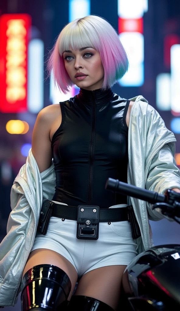 A stunning, ultra-high-definition (UHD), photorealistic, portrait, 1Ashgirl,white pale skin, pale white skin, complexion  **"Ultra high resolution, UHD, ultra-detailed, hyper-realistic skin texture, high-quality rendering, photorealistic portrait of a girl named Lucy, inspired by the character Lucy from Cyberpunk: Edgerunners. She has a choppy, asymmetrical bob haircut with soft layers. The pure white base features pastel highlights in pink, blue, and hints of green near the ends, blending into a subtle gradient. The right side of her hair is longer, reaching past her shoulder, while the left side is shorter, ending just below her jawline. Wispy, side-swept bangs frame her face, giving her a sleek yet slightly tousled, futuristic aesthetic. Lucy is dressed in a high-neck, sleeveless black leotard made of glossy, high-tech synthetic material with a leather-like texture, hugging her form for a modern, edgy vibe. She pairs this with a metallic white jacket and matching white shorts, both crafted from shiny, reflective fabric. Her utility belt, made of matte black material with small, rectangular pouches, adds a rugged, practical touch, walking on the streets of night city, cyberpunk, neon lights, signs ,Completing the outfit are glossy black thigh-high boots that extend to her mid-thigh, seamlessly blending with the shorts to create a sleek, continuous silhouette. The overall look is bold, futuristic, and undeniably stylish."** she is sitting on a motorbike 