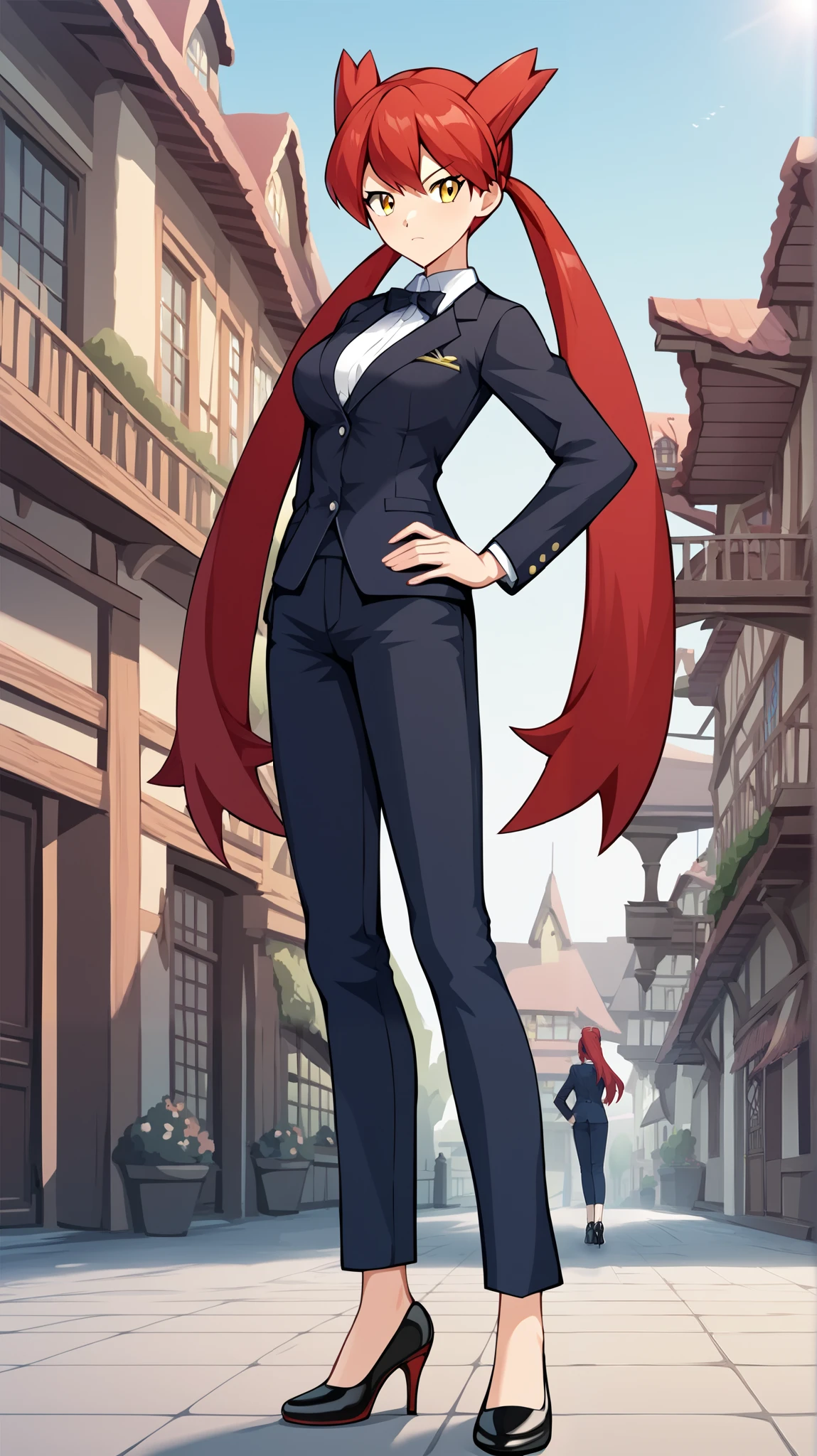 (( top quality )), ((masterpiece)), (( Details)), 1girl, Red hair color,  twin tails,  long hair, Yellow Eyes,  business suit, black jeans suit,  Tall,  black high heels,  ANIME COLORING BOOK,  viewers, 1 Female, Age 18,  standing, whole body, Place one hand on hip,  slim figure,  serious expression, town, (\ Pokémon\),  score_9,  score_8_Excellent,  score_7_Excellent,  score_6_Excellent,  Source_Anime,  cell shading ,  flat color, vector, Ample breasts, Two legs, two arms,