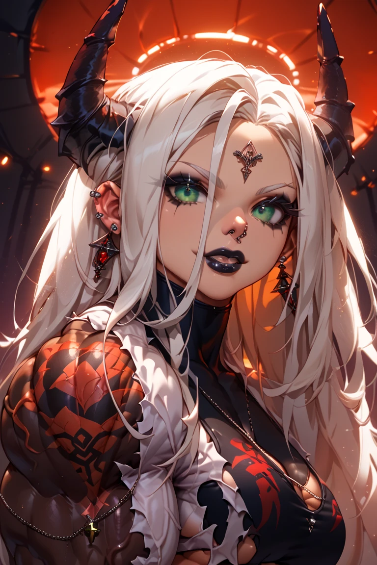 Create the realistic image of a demon in the middle of a burning desert, ele segura uma espada negra e seus chifres brilham como ouro, This demon is a very beautiful woman.