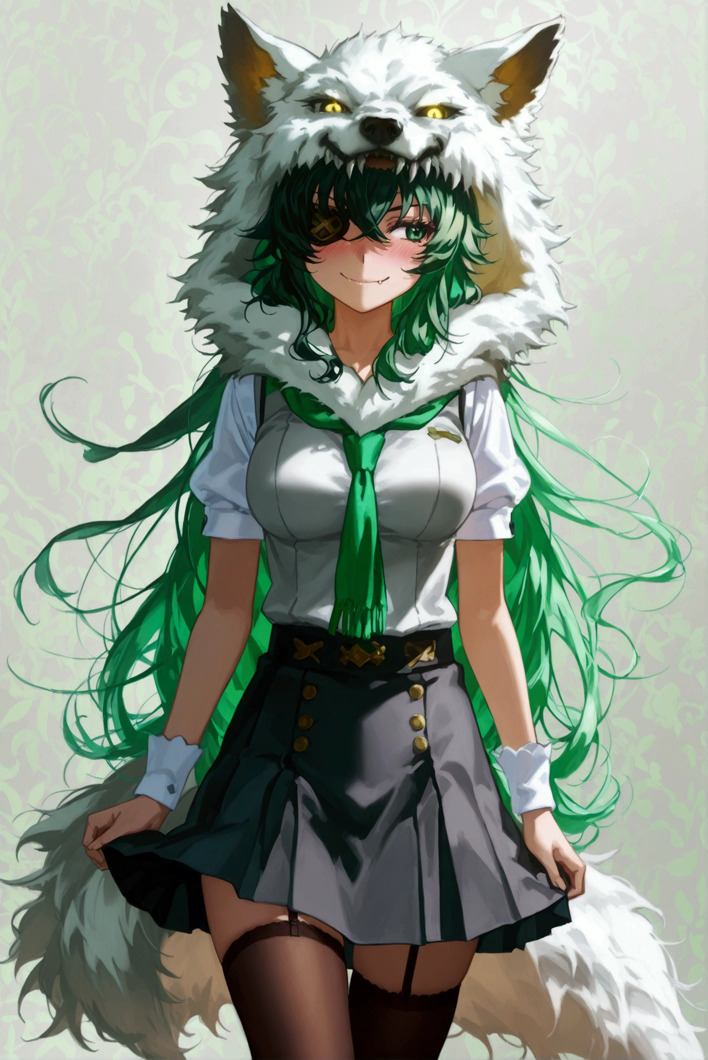 1girl, only girl, solo, simple gray background, ((((anime mei menowa)))), large breasts, long curly hair, pastel green/very light green hair, dark green eyes, wears a furry white cape made of light gray wolf fur so long it reaches the ground, wears a dark green miniskirt and a school vest from Same color with nice gold details on the edges and closure, under the vest he wears a white short-sleeved shirt (school uniform), he wears long purple thigh-high stockings and elegant black shoes without laces, (((he wears a scarf made of wolf skin))) , he crazy has a red eye and an eyepatch like her, taking a step forward, but looking to the left with a smile, jumping, flirtatious eyes, slightly blushing, sadistic smile with fangs, sharp teeth