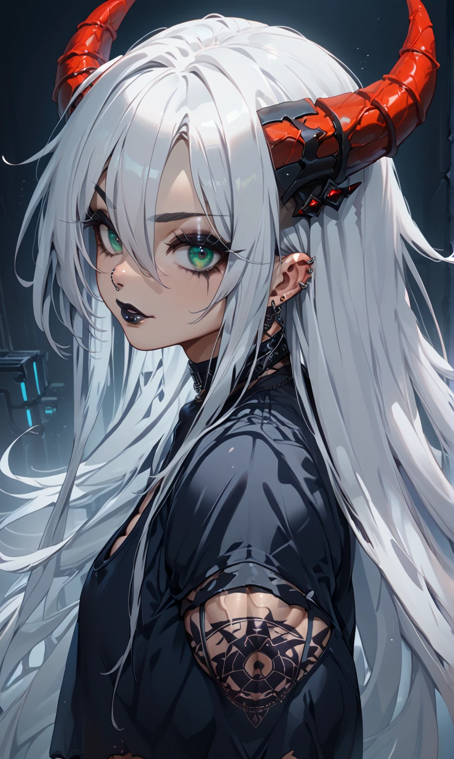 (Ashenhardt style:1.4), Masterpiece, Best quality, High quality,(Red eyes with dark red glow), (in profile), Abstraction, Deep Sea, Award-winning photography, Depth of field, HDR, Very detailed, Trending in art station, Trending in CGsociety, Complex, High detail,(Masterpiece: 1.2, highest quality), (Best lighting, very delicate and beautiful), (Best lighting, Very delicate and beautiful), (beautiful detailed face), (detailed eyes and detailed face:1.2), dark fantasy, (young girl, 1girl, solo, crazy smile, pale skin,G cup,cleavage,19 piercings,((tattoo all over body,tribal tattoo all over foot)) gray hair, red glowing eyes, dynamic angle, vampire), ((back Art paint on the ground, magic circle, graffiti on the wall)),(Get a demon to be summoned:1), ((in the Chinese streets)),(Magic circle to demon),Magic thunder, pointy_ears, Fangs,Blood on face,Blood rain,Blood mist,(Depth of field),High contrast,(Blood splash: 1.4),Cowboy shot,Full body,,Shorts,Jacket,Shirt,Shorts,Cowboy Shots,Denim Jackets,