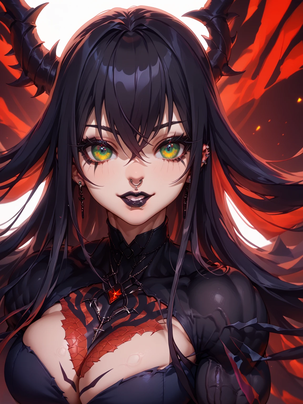 beautiful demon queen, face detailed, detailedeyes, fully body, scale-skinned, body detailed.