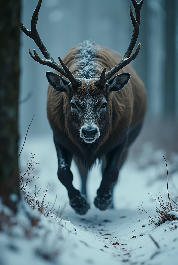 But the creature’s eyes locked onto hers, and she felt a coldness seep into her bones, deeper than the winter air. It lowered its head, antlers gleaming like knives, and charged.
She turned and ran, the forest blurring around her as the beast’s heavy footsteps pounded behind her. The jingling grew louder, faster, until it was all she could hear.