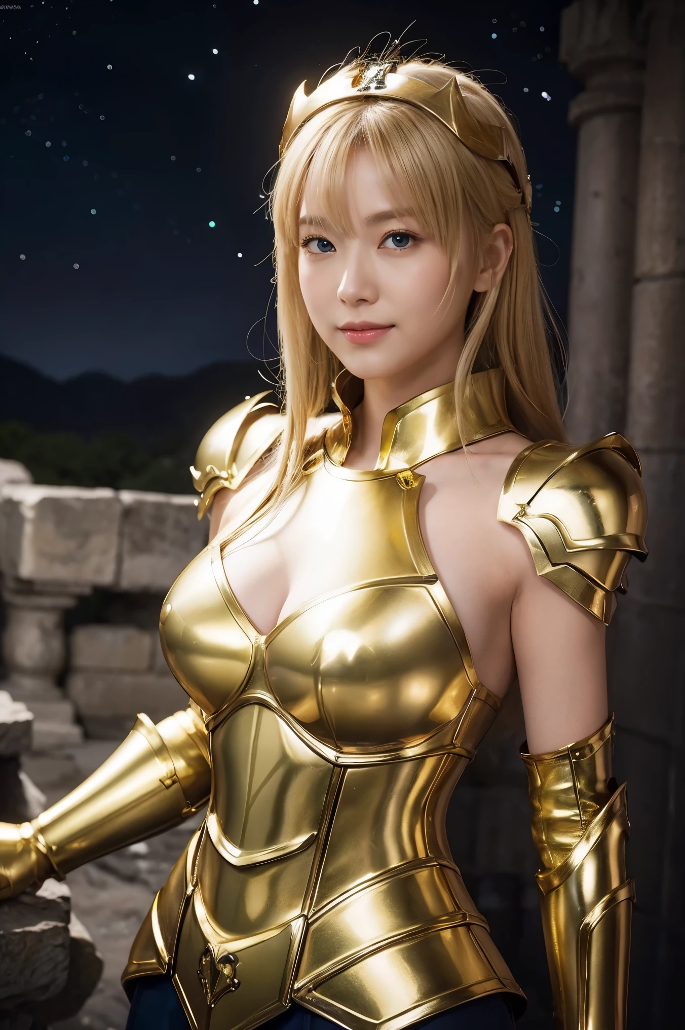  top quality , 8k,  very detailed,  high res,  realistic skin texture , armor, (Realistically: 1.4),  high res,、 ultra clear、white, Beautiful and clear skin、 Beautiful and Well-balanced Face 、 cute smile、Libra saint 、全身を金色のarmorで覆う、金色のarmorを纏った聖騎士、Golden Helmet 、全身を派手な彫刻で覆う金色のarmor、重厚感のある金色のarmor、 beautiful clear green eyes、 beautiful blonde 、Big Breasts、space background 、