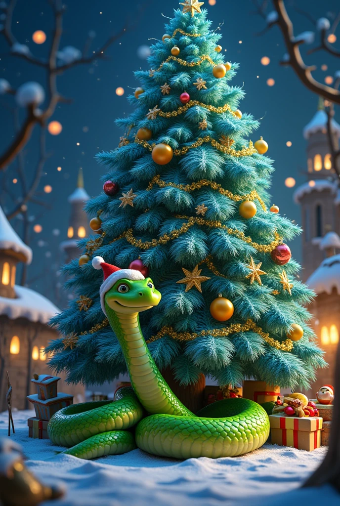 ((photo,maximum quality ,  high detail ,realism,16k render ))  a big cheerful green snake in a Christmas ( curled up under a decorated New Year's blue-silver fir tree( Christmas tree is decorated with garlands and balloons with Christmas toys ),Christmas card style ( at the top, the inscription  " happy new year 2025 !")((Christmas card style ( at the top, the inscription  " happy new year 2025 !"))), realistic snake scales ,kind funny look , New Year card, incredible quality 