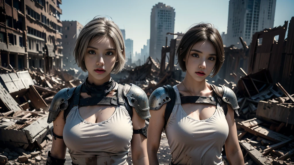 masterpiece,  high-resolution ,8K,( Portrait Photos:1.5),(R Original Photo),Reality,Digital Photography,(Ruins of the Apocalypse  ),City ruins，20 year old pretty female ，Short hair，Shut up，  post-apocalyptic scene ， Upper body photography ，Damaged Armor，Full figure